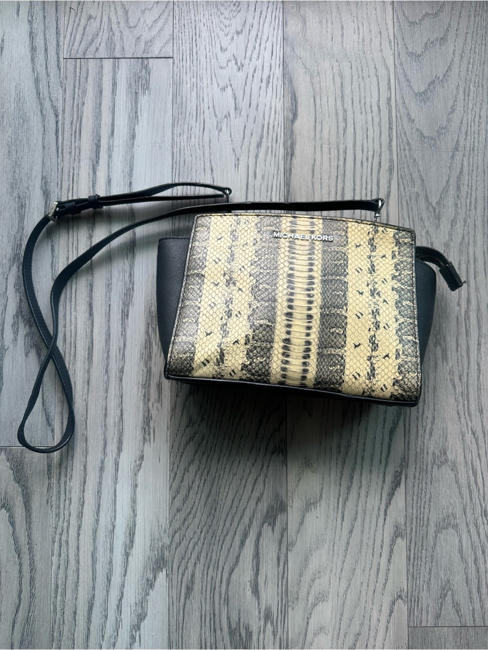 Michael Kors Black and Cream Snake-Print Crossbody Satchel